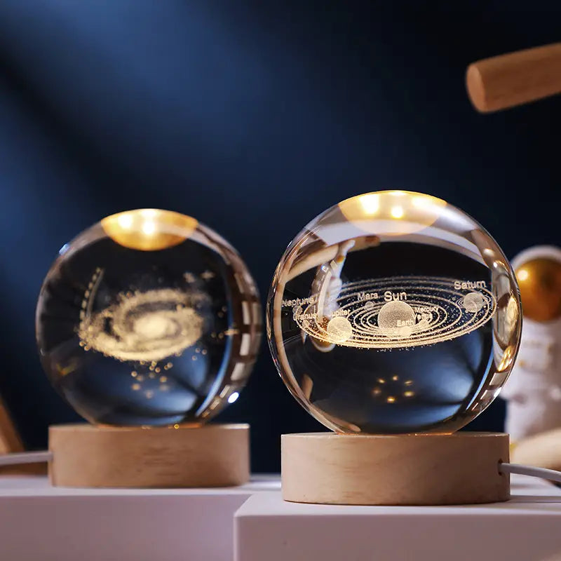 3D Moon/Sky Crystal Ball Night Lamp with Wooden Base