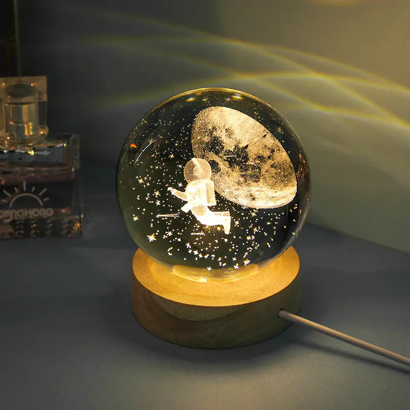 3D Moon/Sky Crystal Ball Night Lamp with Wooden Base
